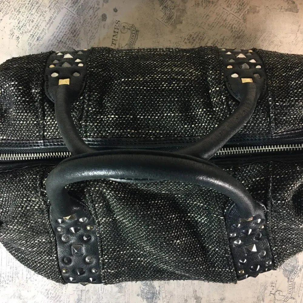 MZ Wallace Lillian Draper Tweed Satchel Leather Trim Studded Shoulder Bag